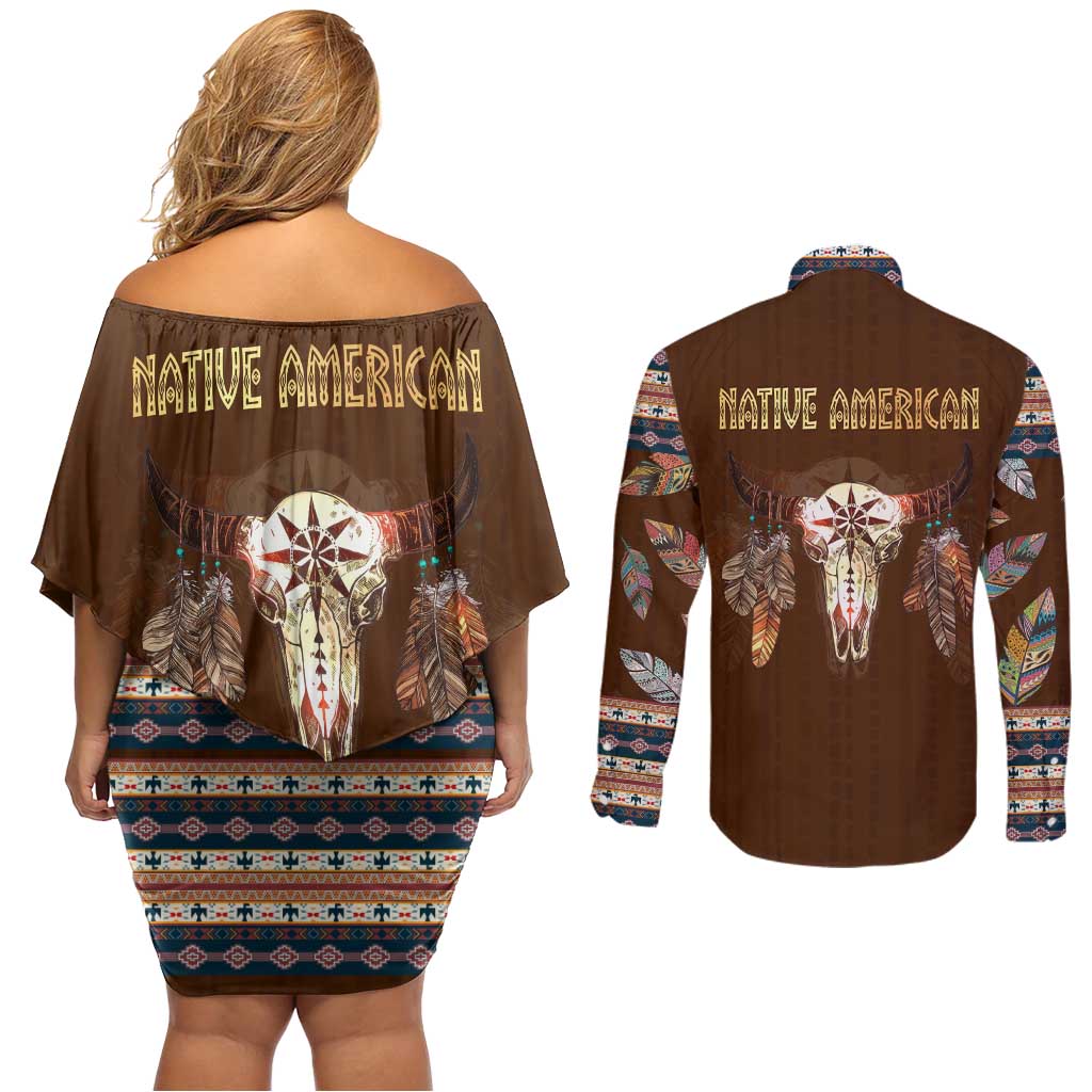 Native Skull Christmas Design Couples Matching Off Shoulder Short Dress and Long Sleeve Button Shirt Xmas Holiday Patterns - Wonder Print Shop