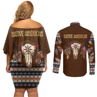 Native Skull Christmas Design Couples Matching Off Shoulder Short Dress and Long Sleeve Button Shirt Xmas Holiday Patterns - Wonder Print Shop
