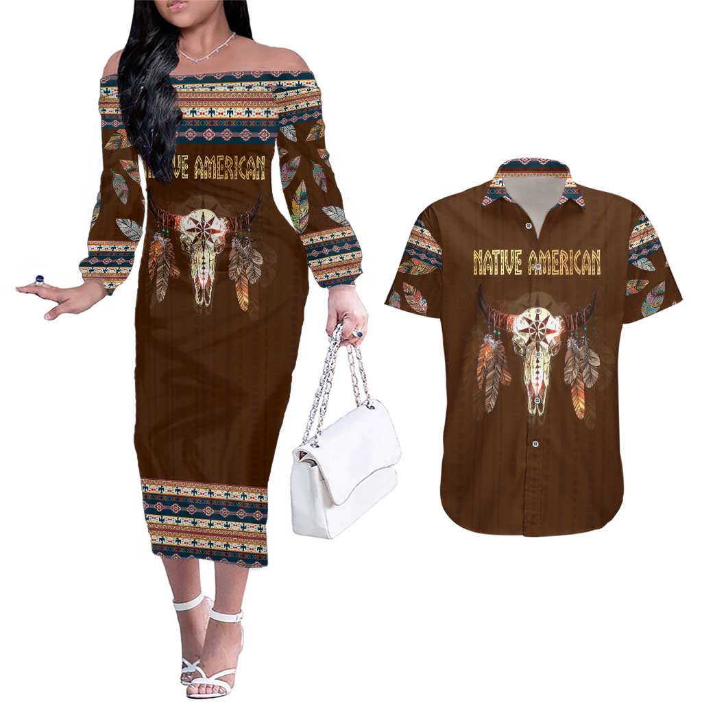 Native Skull Christmas Design Couples Matching Off The Shoulder Long Sleeve Dress and Hawaiian Shirt Xmas Holiday Patterns - Wonder Print Shop