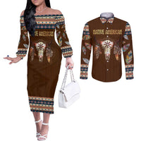 Native Skull Christmas Design Couples Matching Off The Shoulder Long Sleeve Dress and Long Sleeve Button Shirt Xmas Holiday Patterns - Wonder Print Shop