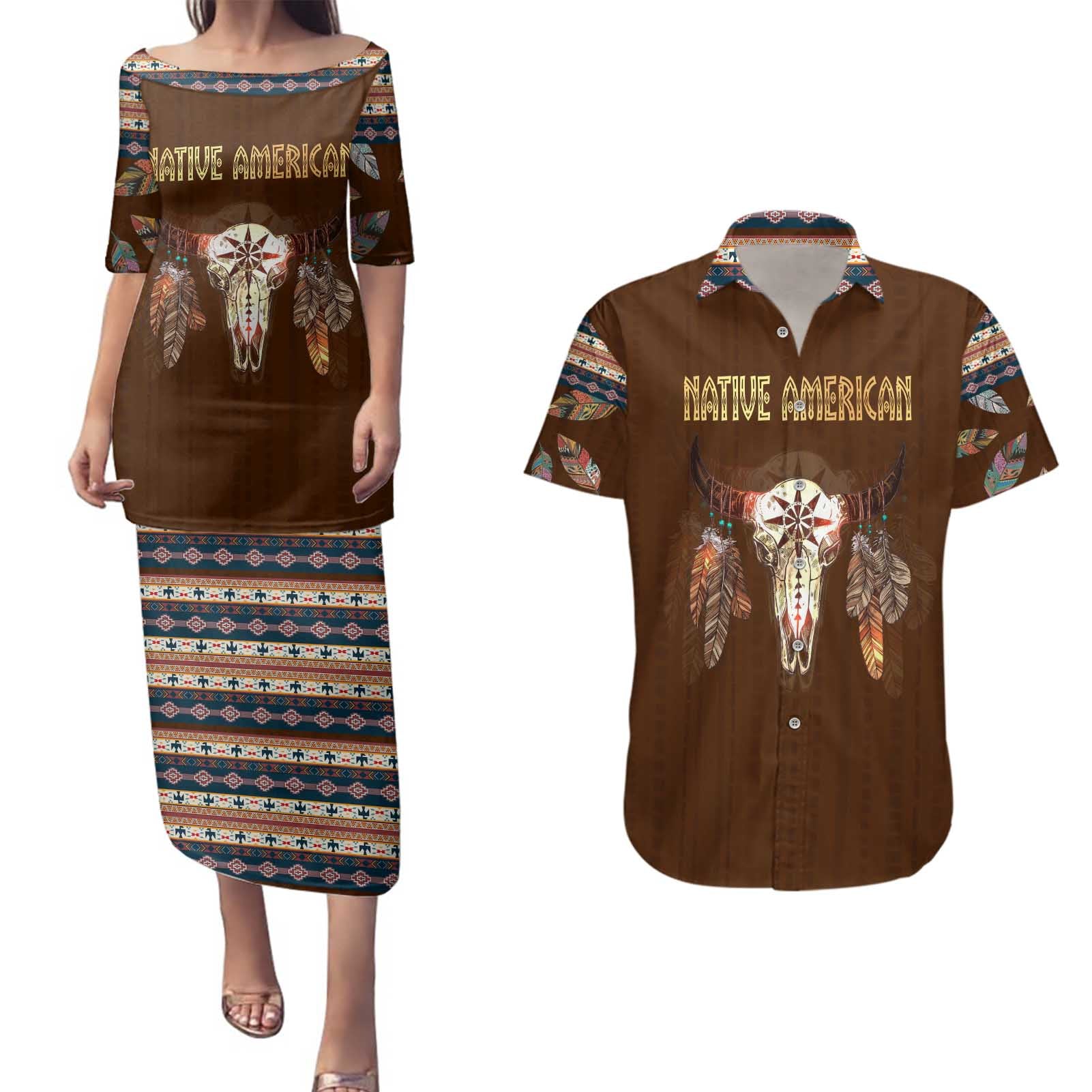 Native Skull Christmas Design Couples Matching Puletasi and Hawaiian Shirt Xmas Holiday Patterns - Wonder Print Shop