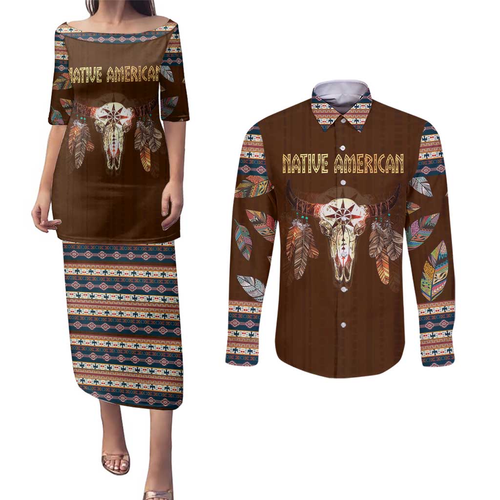 Native Skull Christmas Design Couples Matching Puletasi and Long Sleeve Button Shirt Xmas Holiday Patterns - Wonder Print Shop