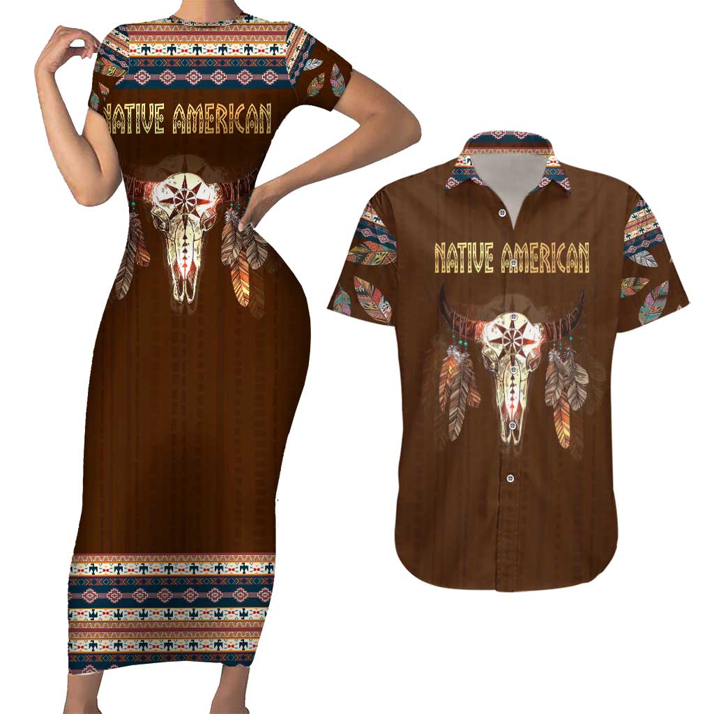 Native Skull Christmas Design Couples Matching Short Sleeve Bodycon Dress and Hawaiian Shirt Xmas Holiday Patterns - Wonder Print Shop