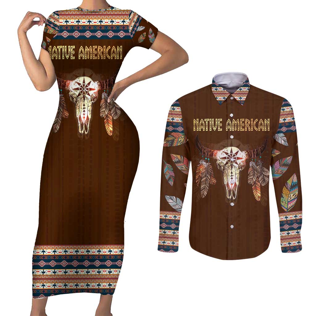 Native Skull Christmas Design Couples Matching Short Sleeve Bodycon Dress and Long Sleeve Button Shirt Xmas Holiday Patterns - Wonder Print Shop