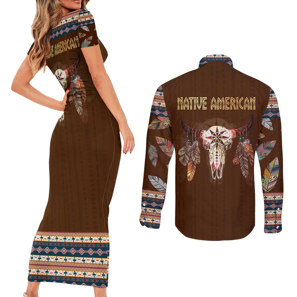 Native Skull Christmas Design Couples Matching Short Sleeve Bodycon Dress and Long Sleeve Button Shirt Xmas Holiday Patterns - Wonder Print Shop