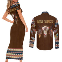 Native Skull Christmas Design Couples Matching Short Sleeve Bodycon Dress and Long Sleeve Button Shirt Xmas Holiday Patterns - Wonder Print Shop