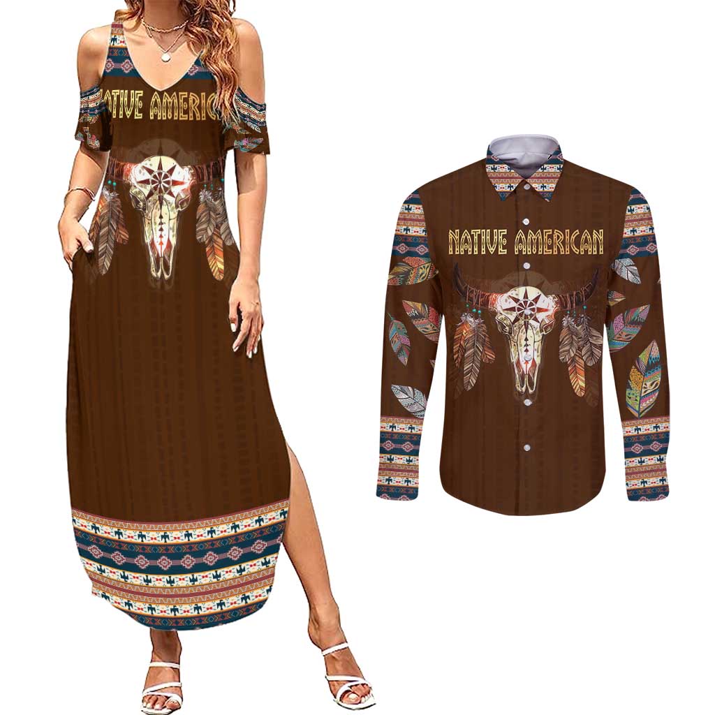 Native Skull Christmas Design Couples Matching Summer Maxi Dress and Long Sleeve Button Shirt Xmas Holiday Patterns - Wonder Print Shop