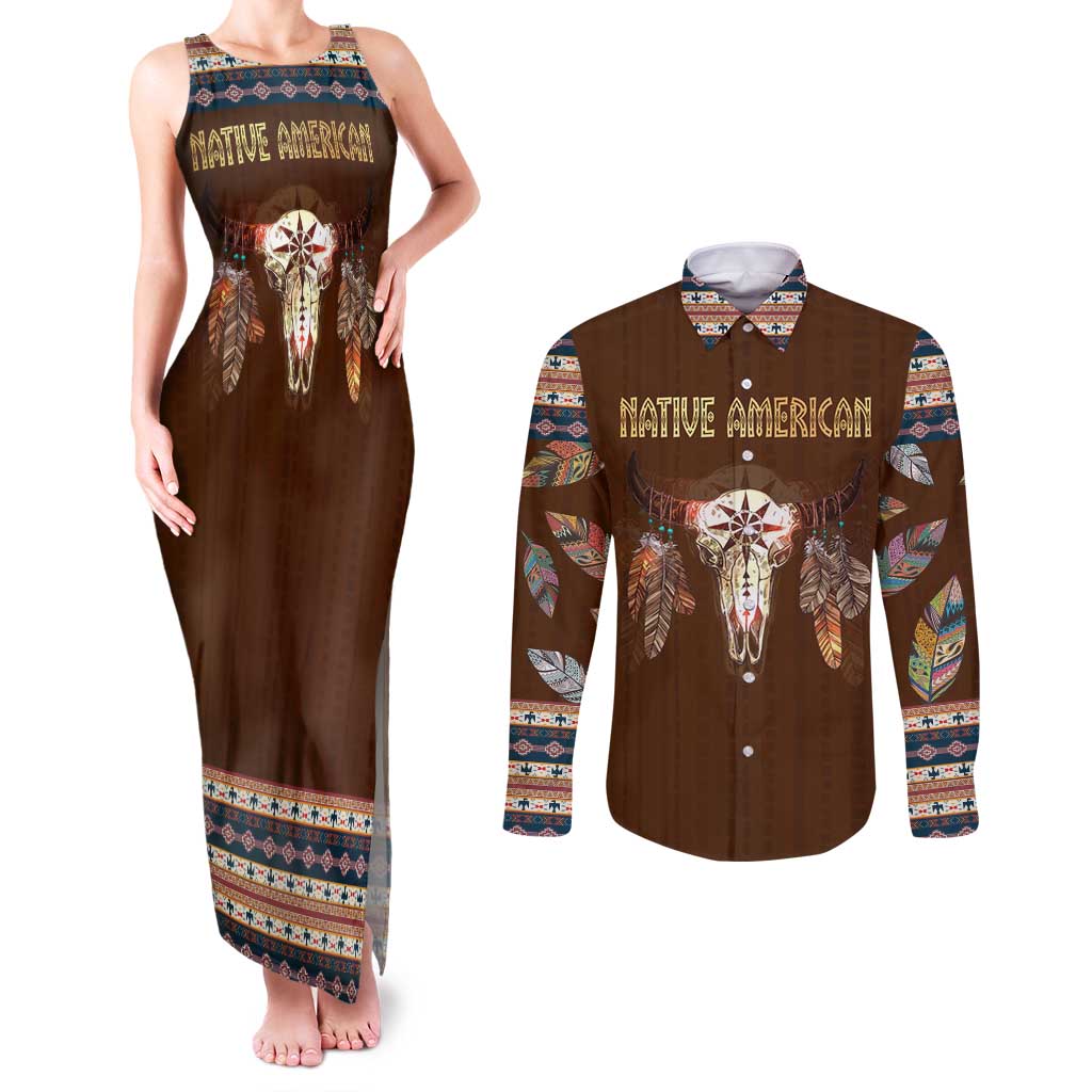 Native Skull Christmas Design Couples Matching Tank Maxi Dress and Long Sleeve Button Shirt Xmas Holiday Patterns - Wonder Print Shop