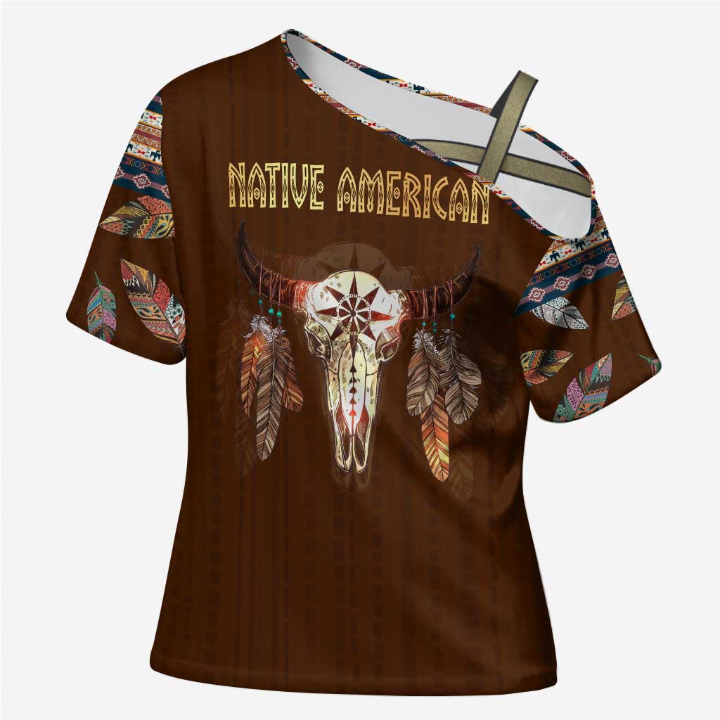 Native Skull Christmas Design Cross Shoulder Shirt Xmas Holiday Patterns - Wonder Print Shop