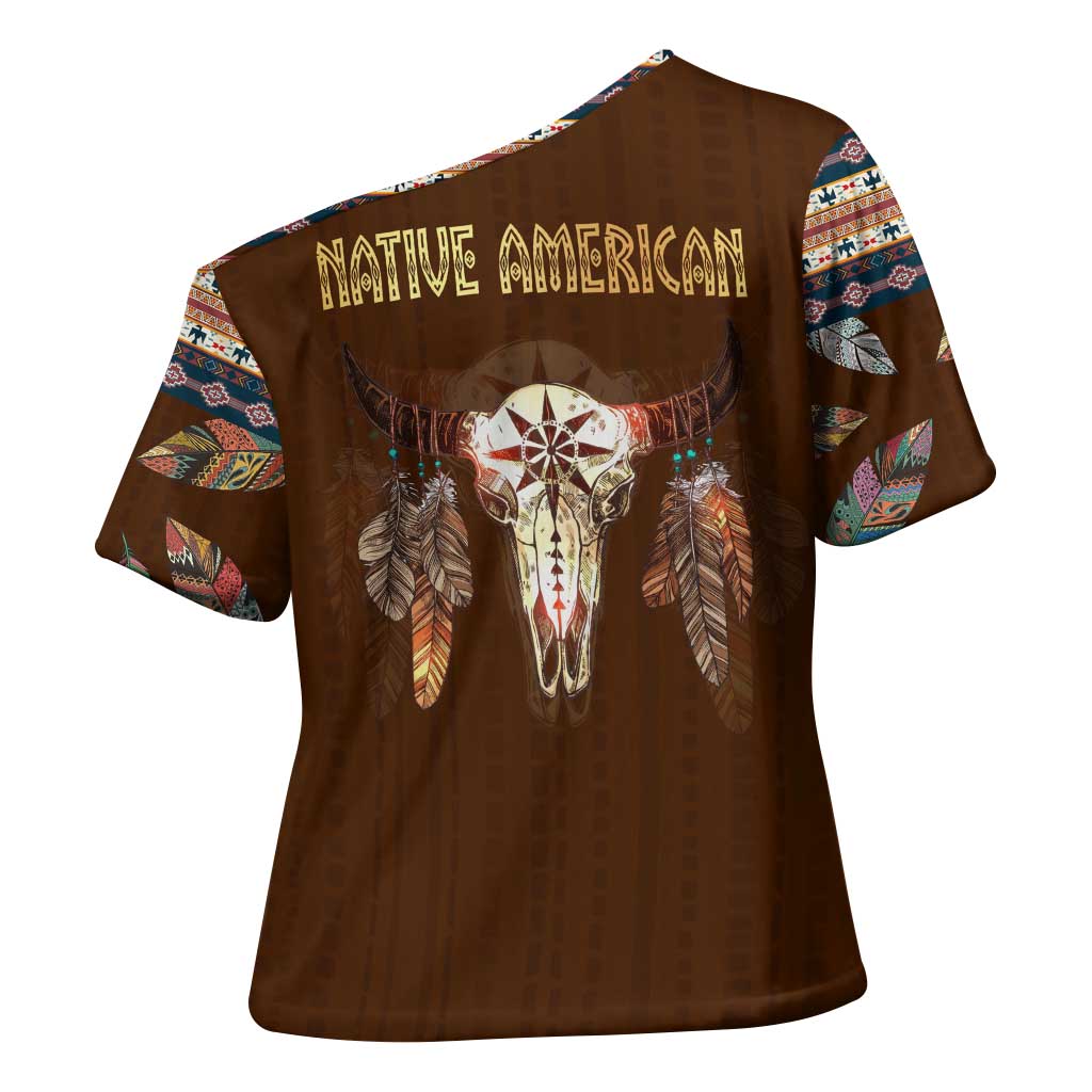 Native Skull Christmas Design Cross Shoulder Shirt Xmas Holiday Patterns - Wonder Print Shop
