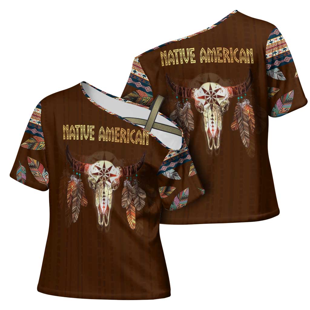 Native Skull Christmas Design Cross Shoulder Shirt Xmas Holiday Patterns - Wonder Print Shop