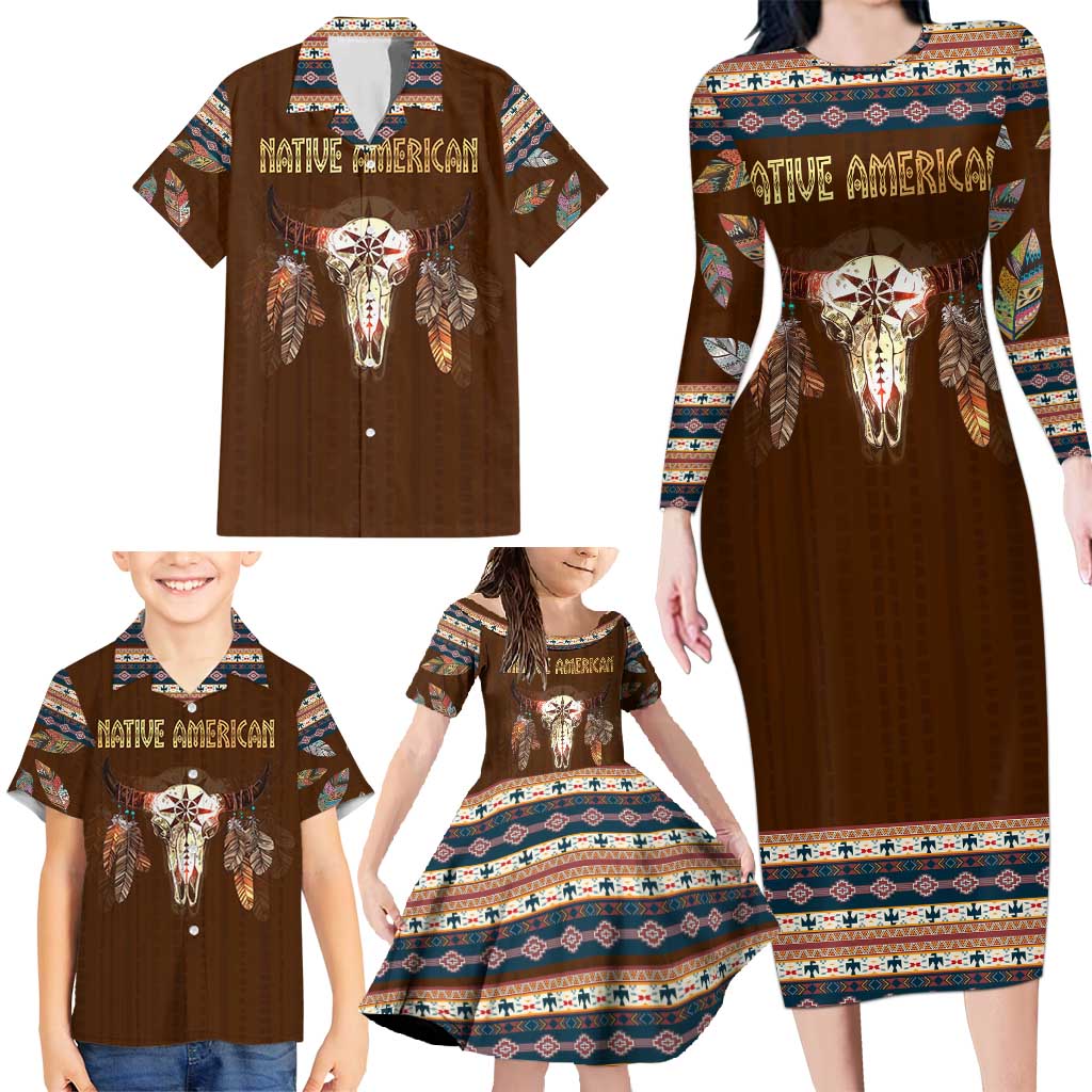 Native Skull Christmas Design Family Matching Long Sleeve Bodycon Dress and Hawaiian Shirt Xmas Holiday Patterns - Wonder Print Shop