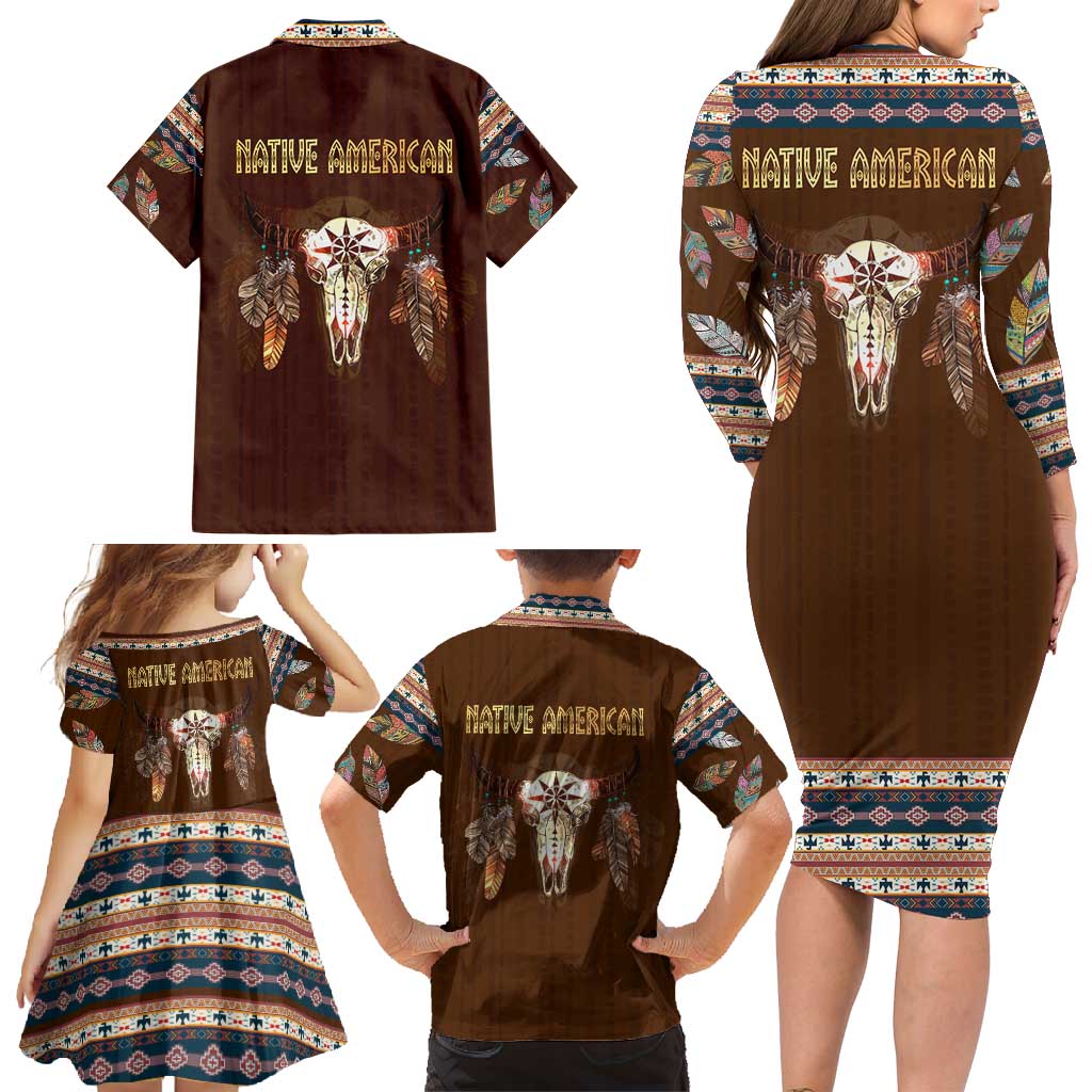 Native Skull Christmas Design Family Matching Long Sleeve Bodycon Dress and Hawaiian Shirt Xmas Holiday Patterns - Wonder Print Shop