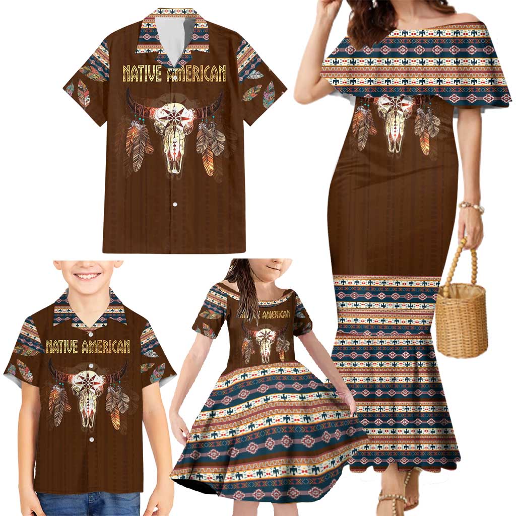 Native Skull Christmas Design Family Matching Mermaid Dress and Hawaiian Shirt Xmas Holiday Patterns - Wonder Print Shop