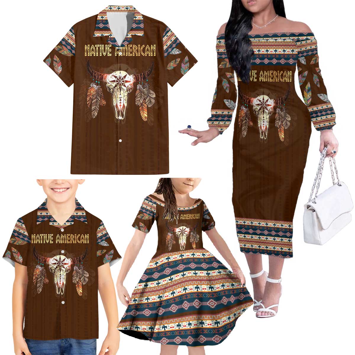 Native Skull Christmas Design Family Matching Off The Shoulder Long Sleeve Dress and Hawaiian Shirt Xmas Holiday Patterns - Wonder Print Shop