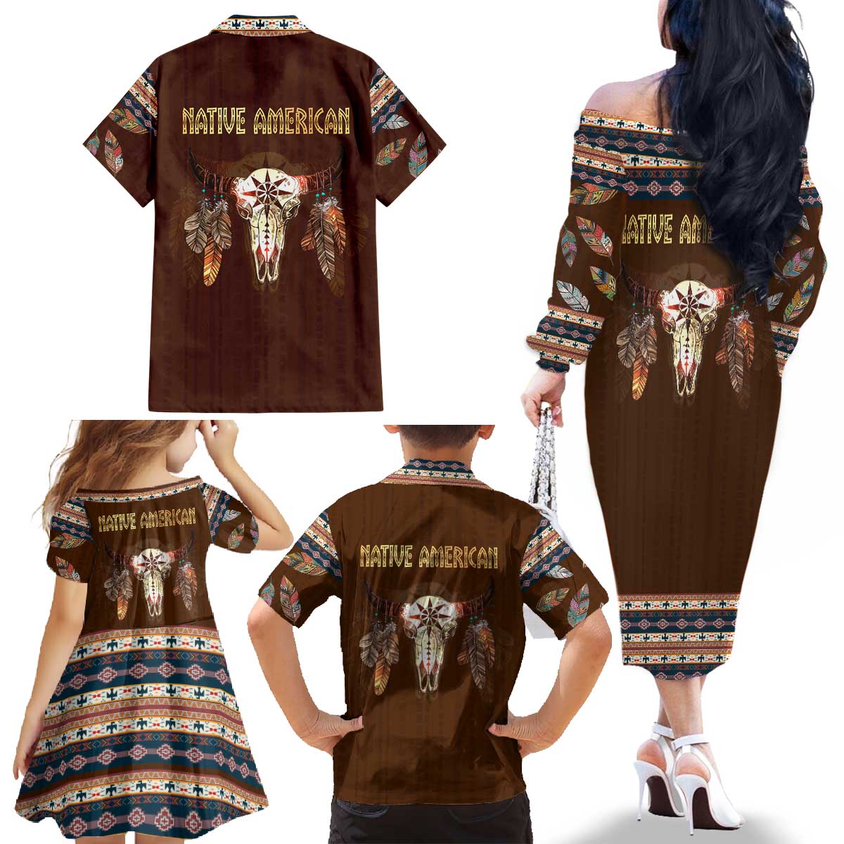 Native Skull Christmas Design Family Matching Off The Shoulder Long Sleeve Dress and Hawaiian Shirt Xmas Holiday Patterns - Wonder Print Shop