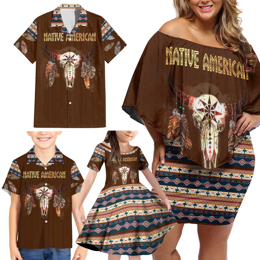 Native Skull Christmas Design Family Matching Off Shoulder Short Dress and Hawaiian Shirt Xmas Holiday Patterns - Wonder Print Shop