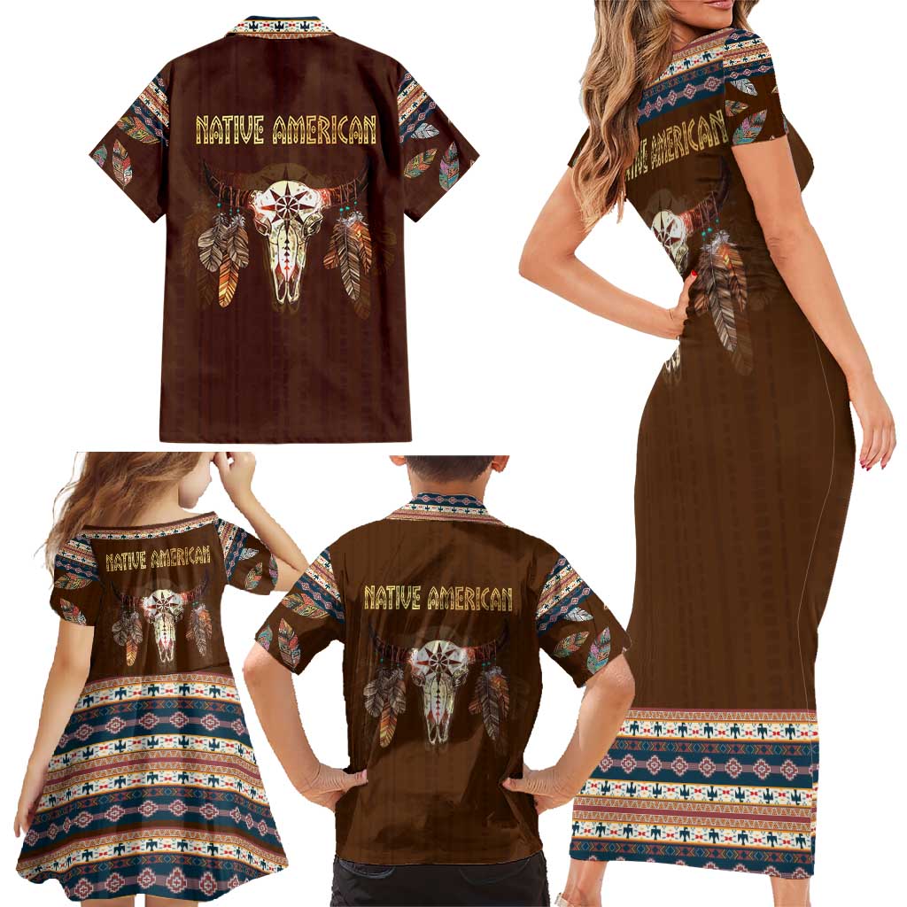 Native Skull Christmas Design Family Matching Short Sleeve Bodycon Dress and Hawaiian Shirt Xmas Holiday Patterns - Wonder Print Shop