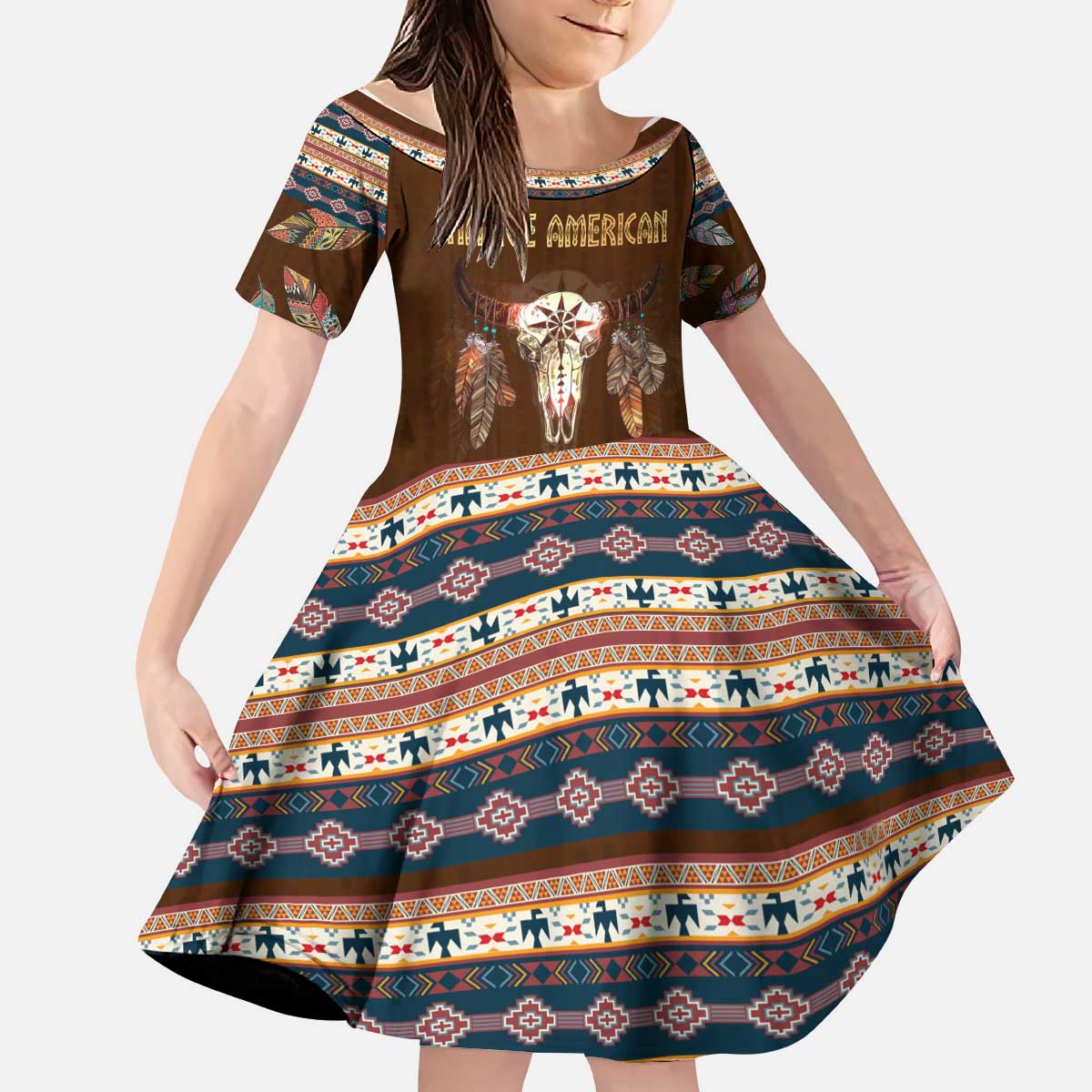 Native Skull Christmas Design Kid Short Sleeve Dress Xmas Holiday Patterns - Wonder Print Shop