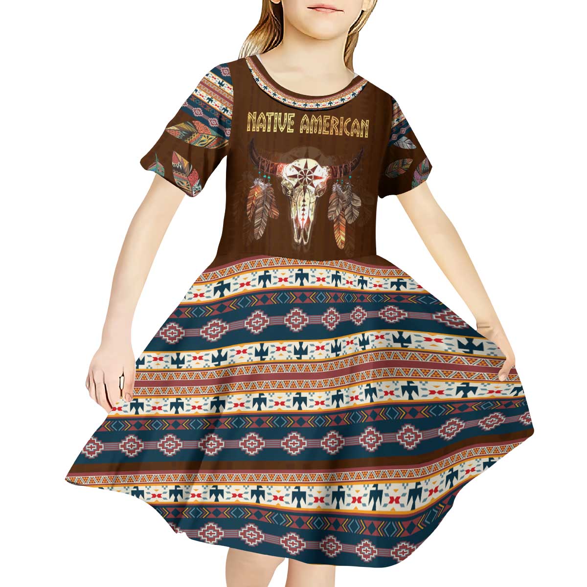 Native Skull Christmas Design Kid Short Sleeve Dress Xmas Holiday Patterns - Wonder Print Shop