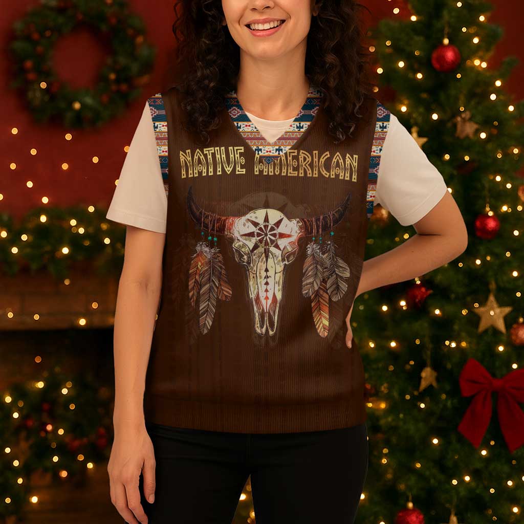Native Skull Christmas Design Christmas Knitted V-Neck Vest Xmas Holiday Patterns - Wonder Print Shop