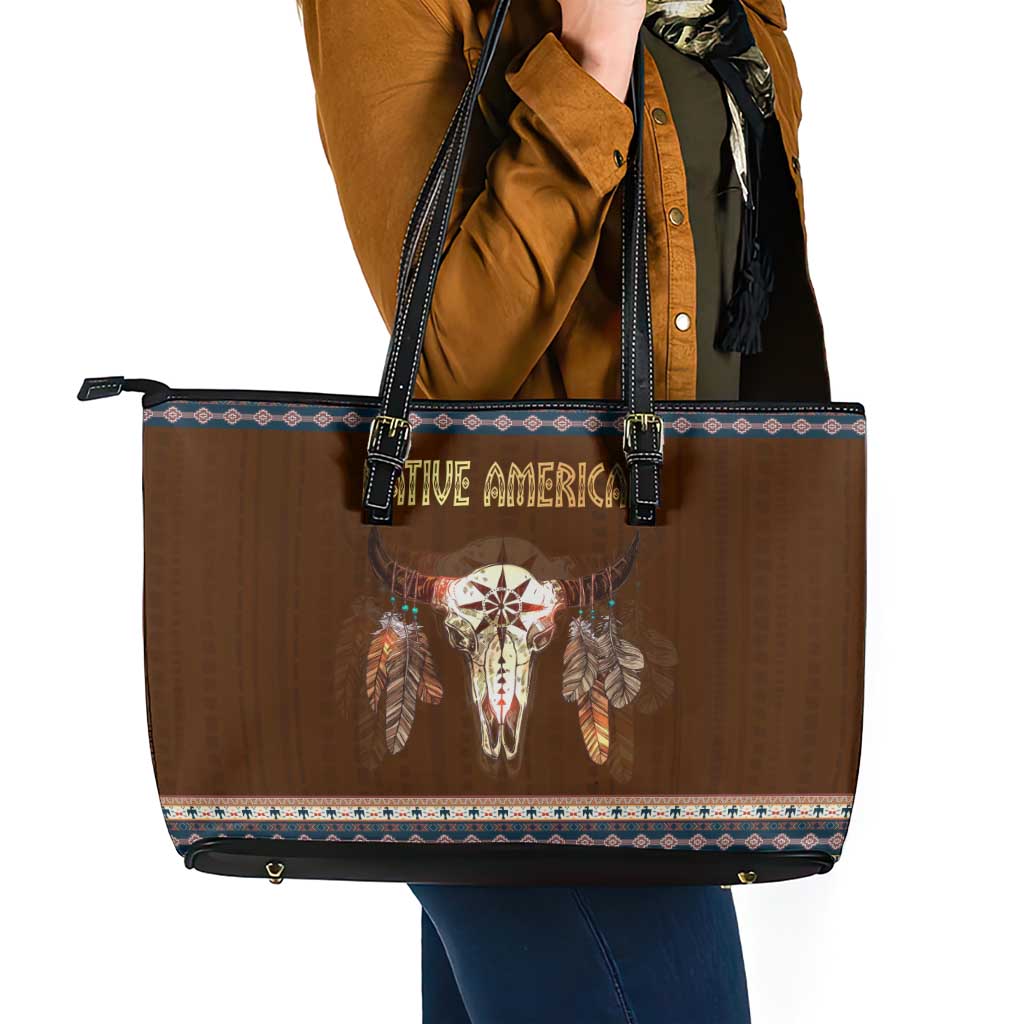 Native Skull Christmas Design Leather Tote Bag Xmas Holiday Patterns - Wonder Print Shop