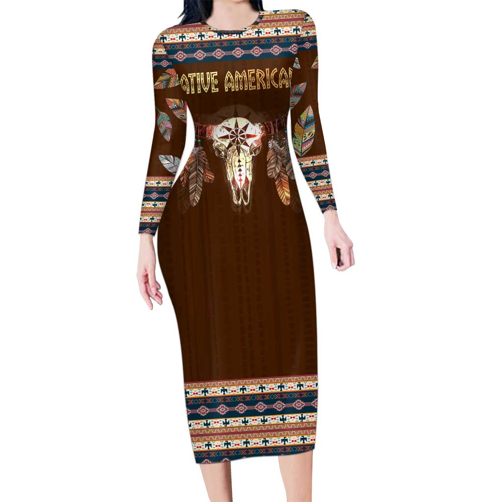 Native Skull Christmas Design Long Sleeve Bodycon Dress Xmas Holiday Patterns - Wonder Print Shop