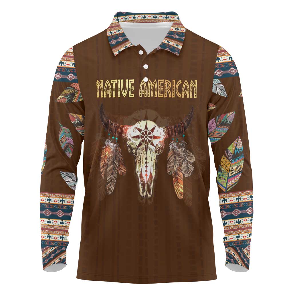 Native Skull Christmas Design Long Sleeve Polo Shirt Xmas Holiday Patterns - Wonder Print Shop