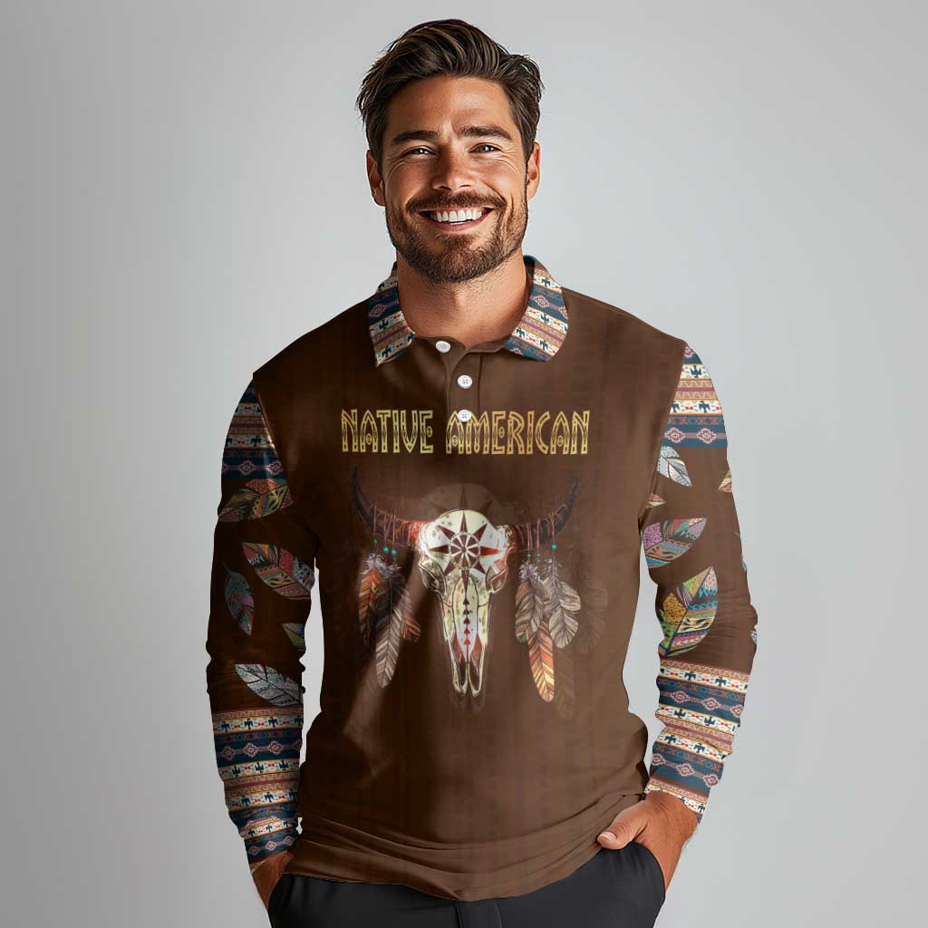 Native Skull Christmas Design Long Sleeve Polo Shirt Xmas Holiday Patterns - Wonder Print Shop