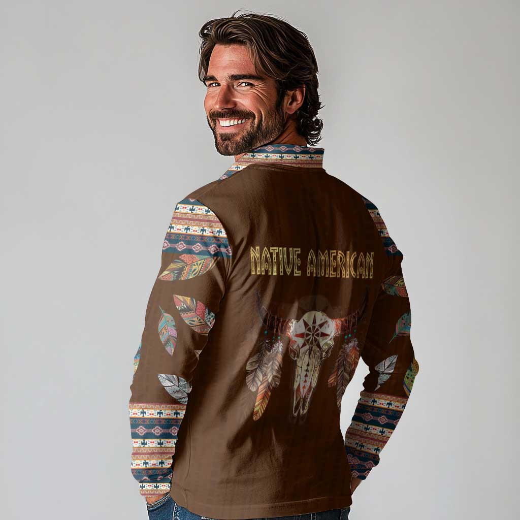Native Skull Christmas Design Long Sleeve Polo Shirt Xmas Holiday Patterns - Wonder Print Shop