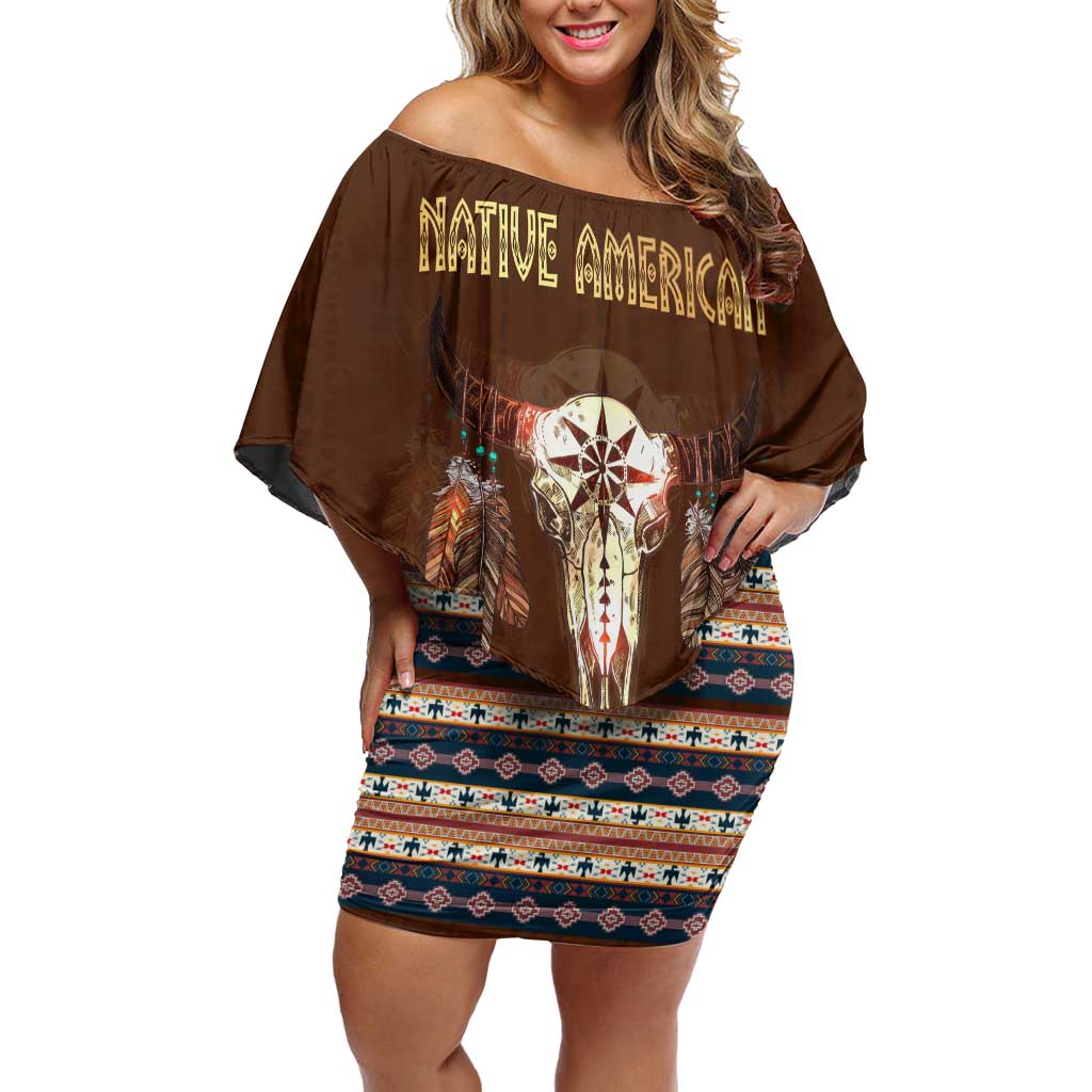 Native Skull Christmas Design Off Shoulder Short Dress Xmas Holiday Patterns - Wonder Print Shop