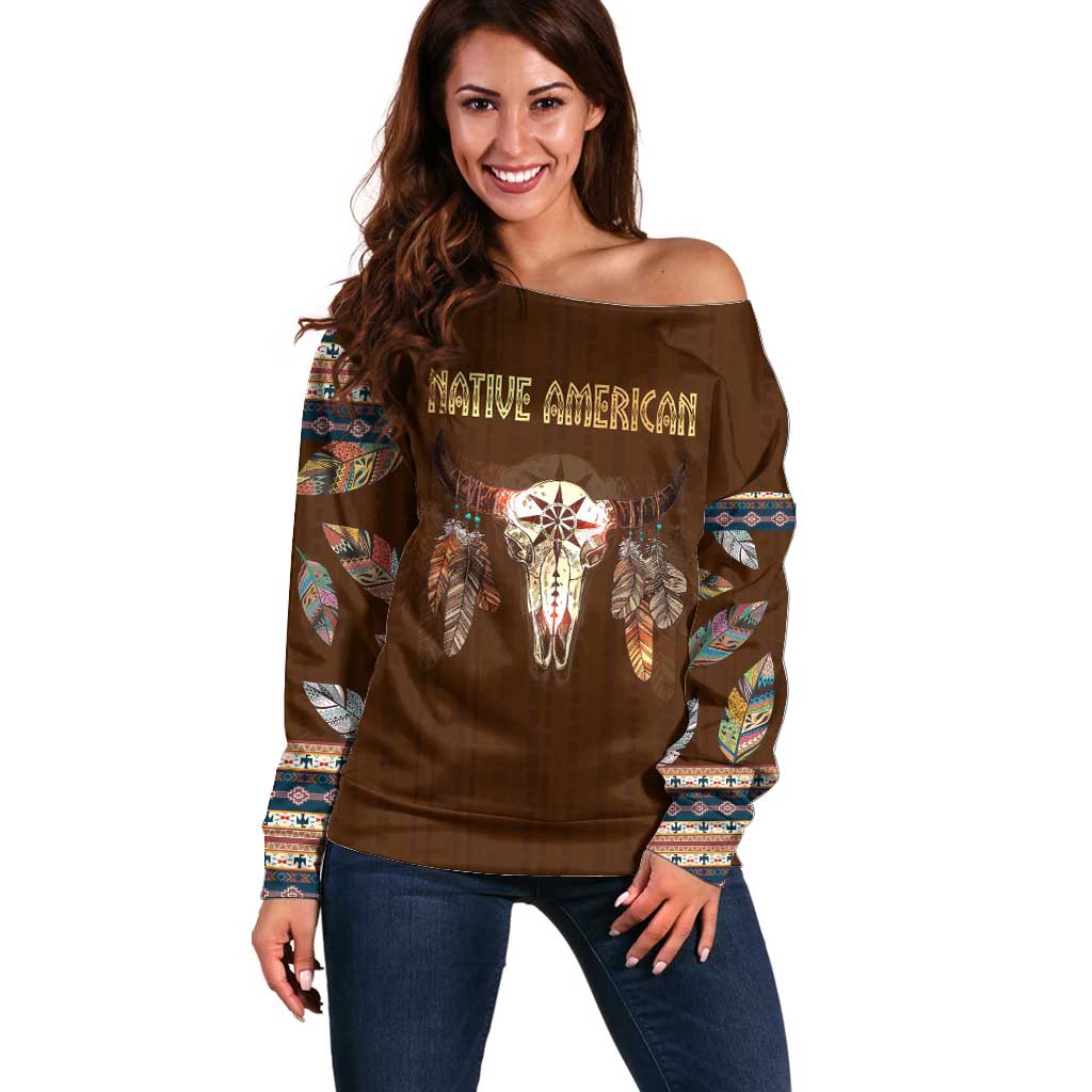 Native Skull Christmas Design Off Shoulder Sweater Xmas Holiday Patterns - Wonder Print Shop