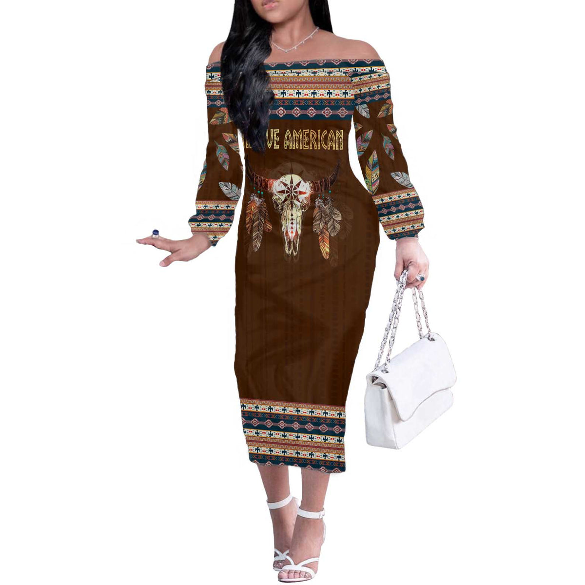 Native Skull Christmas Design Off The Shoulder Long Sleeve Dress Xmas Holiday Patterns - Wonder Print Shop