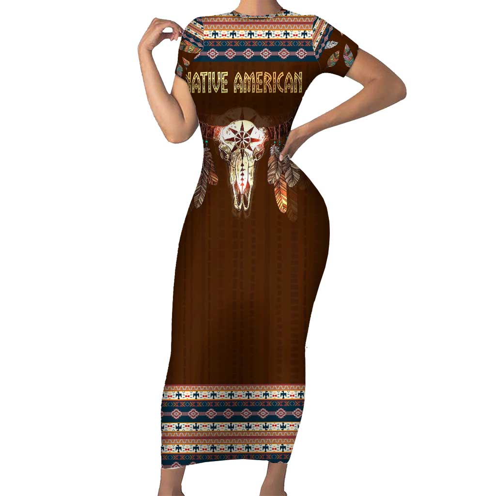 Native Skull Christmas Design Short Sleeve Bodycon Dress Xmas Holiday Patterns - Wonder Print Shop