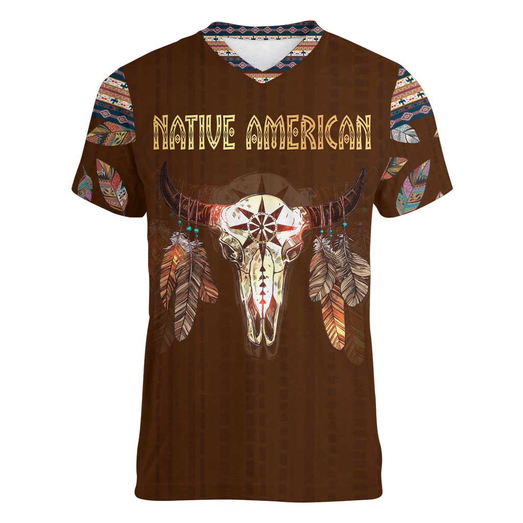 Native Skull Christmas Design Women V-Neck T-Shirt Xmas Holiday Patterns - Wonder Print Shop