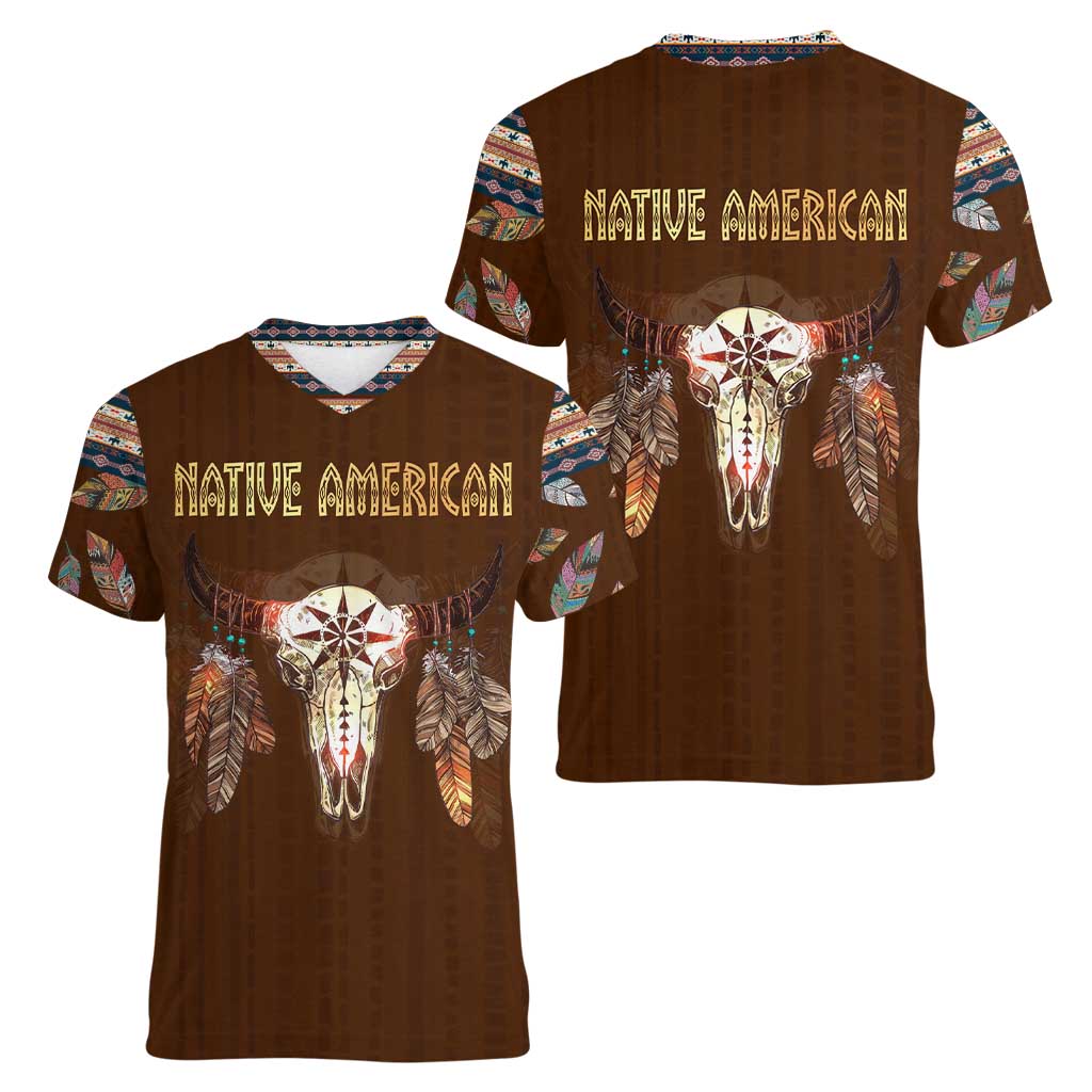 Native Skull Christmas Design Women V-Neck T-Shirt Xmas Holiday Patterns - Wonder Print Shop