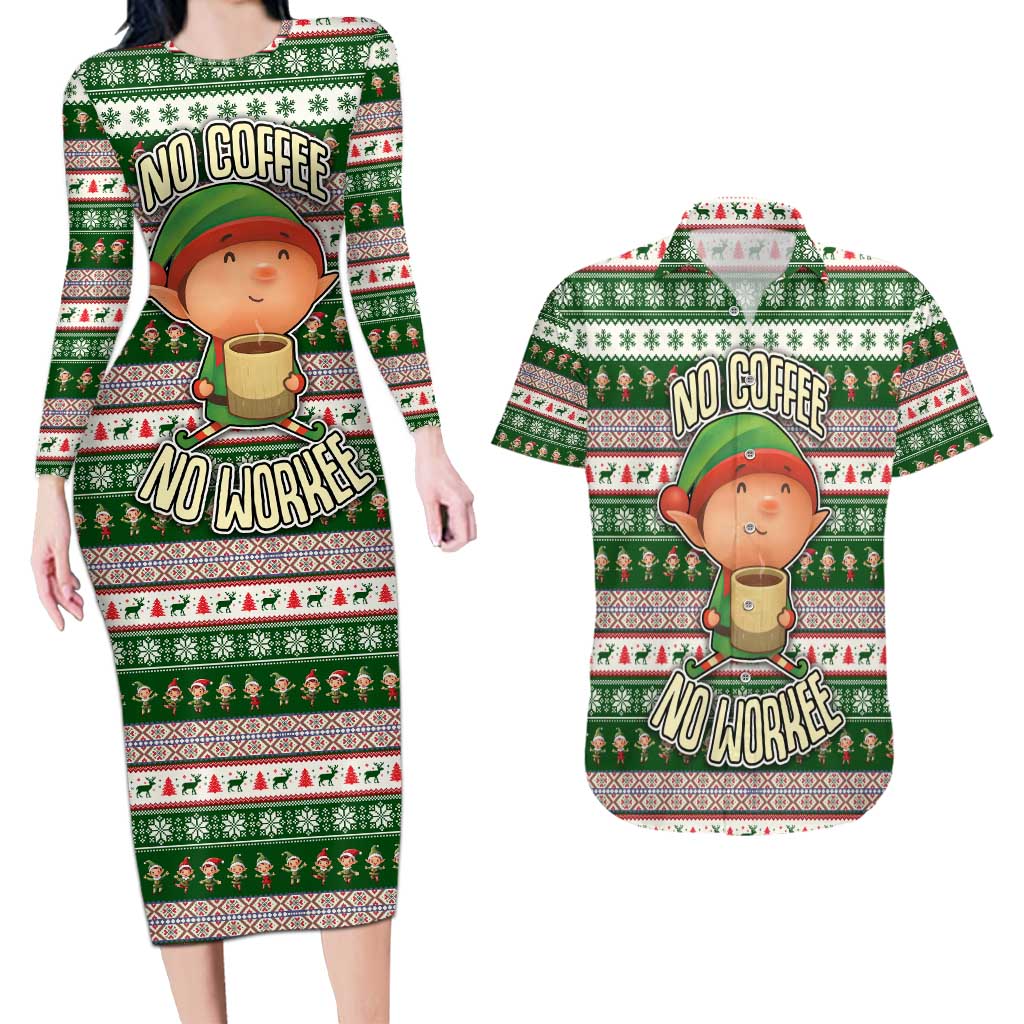 No Coffee No Workee Christmas Design Couples Matching Long Sleeve Bodycon Dress and Hawaiian Shirt Xmas Holiday Patterns - Wonder Print Shop