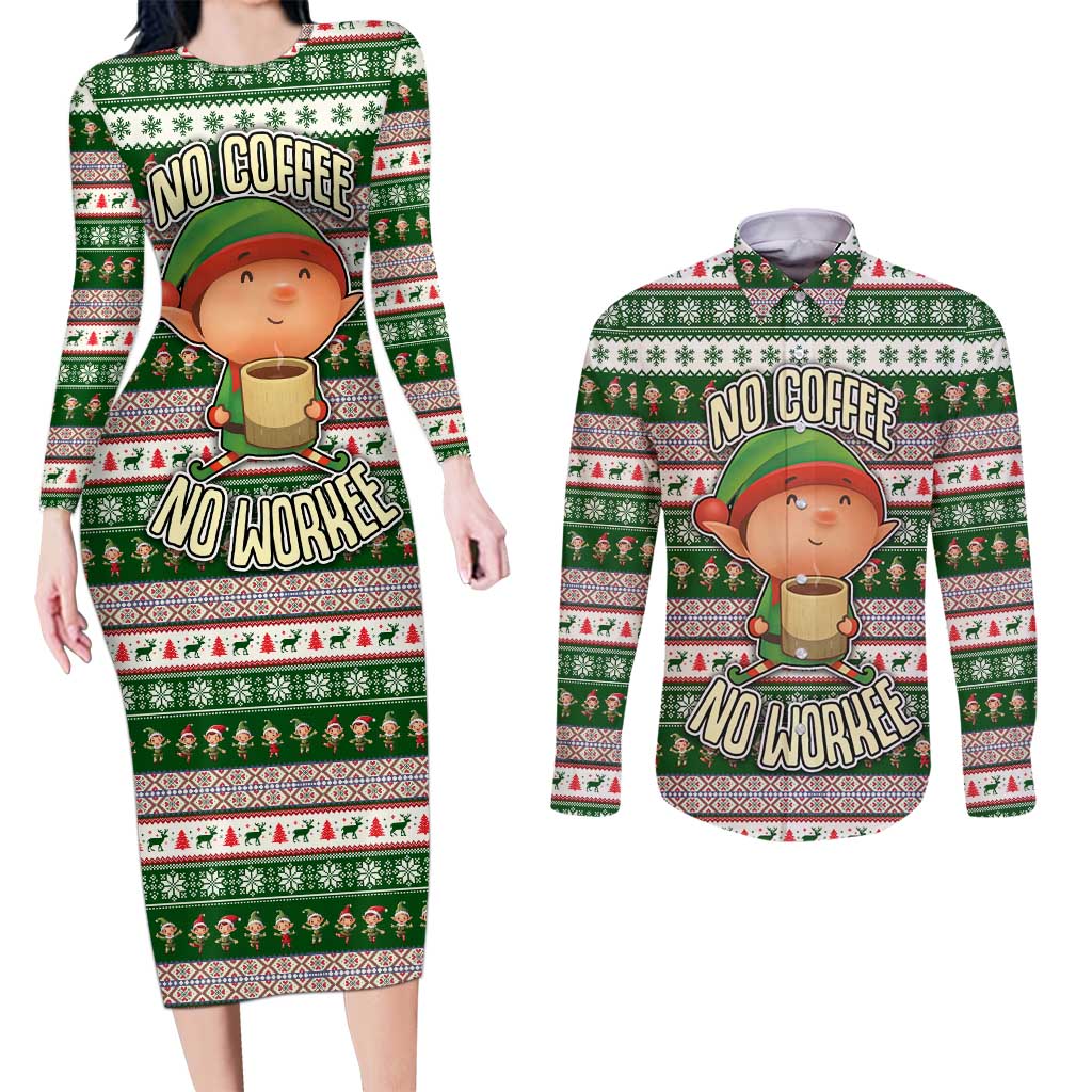 No Coffee No Workee Christmas Design Couples Matching Long Sleeve Bodycon Dress and Long Sleeve Button Shirt Xmas Holiday Patterns - Wonder Print Shop