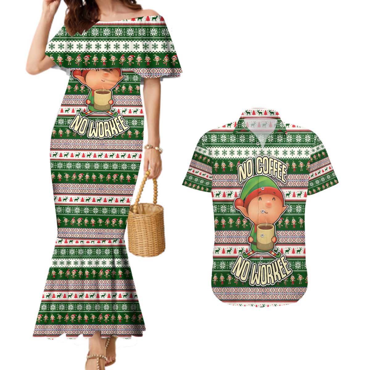 No Coffee No Workee Christmas Design Couples Matching Mermaid Dress and Hawaiian Shirt Xmas Holiday Patterns - Wonder Print Shop