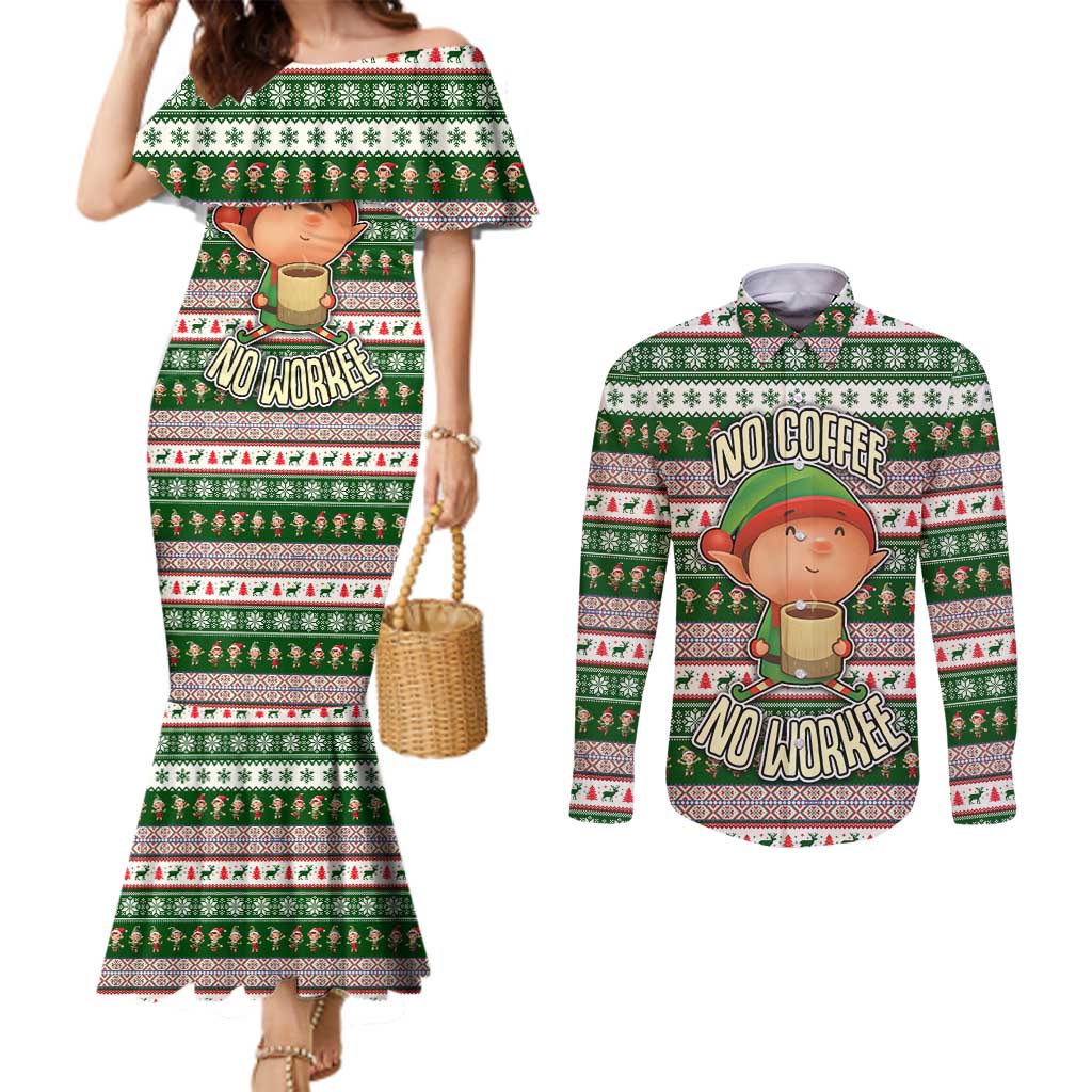 No Coffee No Workee Christmas Design Couples Matching Mermaid Dress and Long Sleeve Button Shirt Xmas Holiday Patterns - Wonder Print Shop