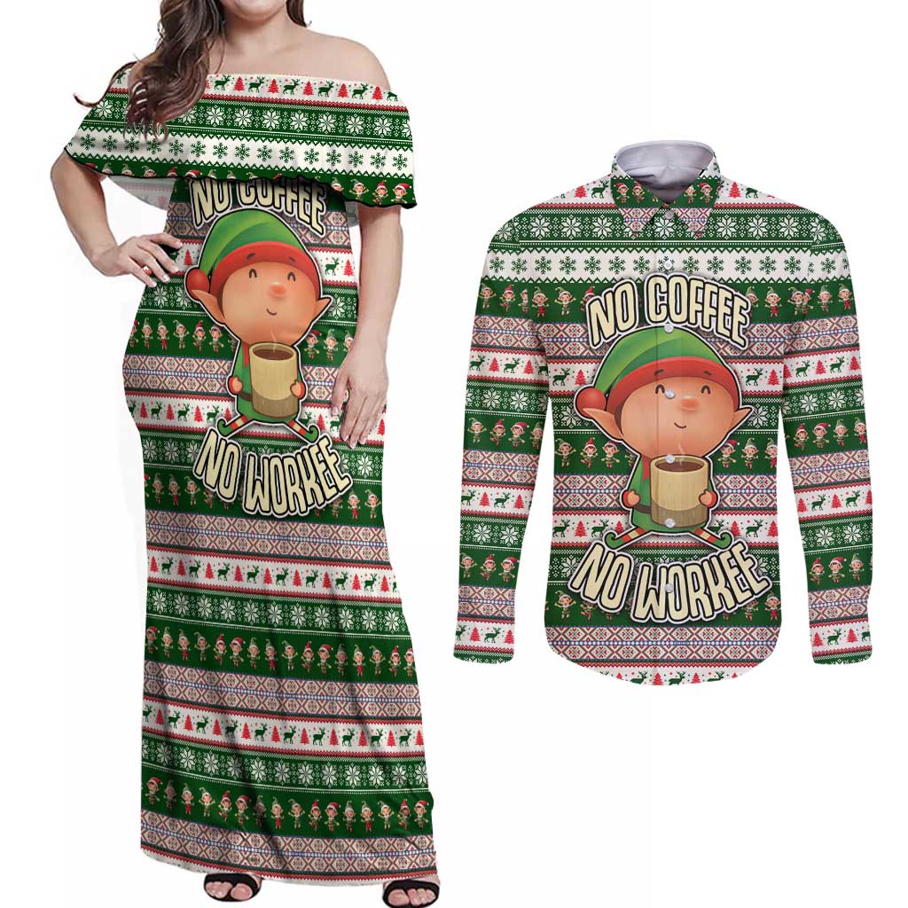 No Coffee No Workee Christmas Design Couples Matching Off Shoulder Maxi Dress and Long Sleeve Button Shirt Xmas Holiday Patterns - Wonder Print Shop