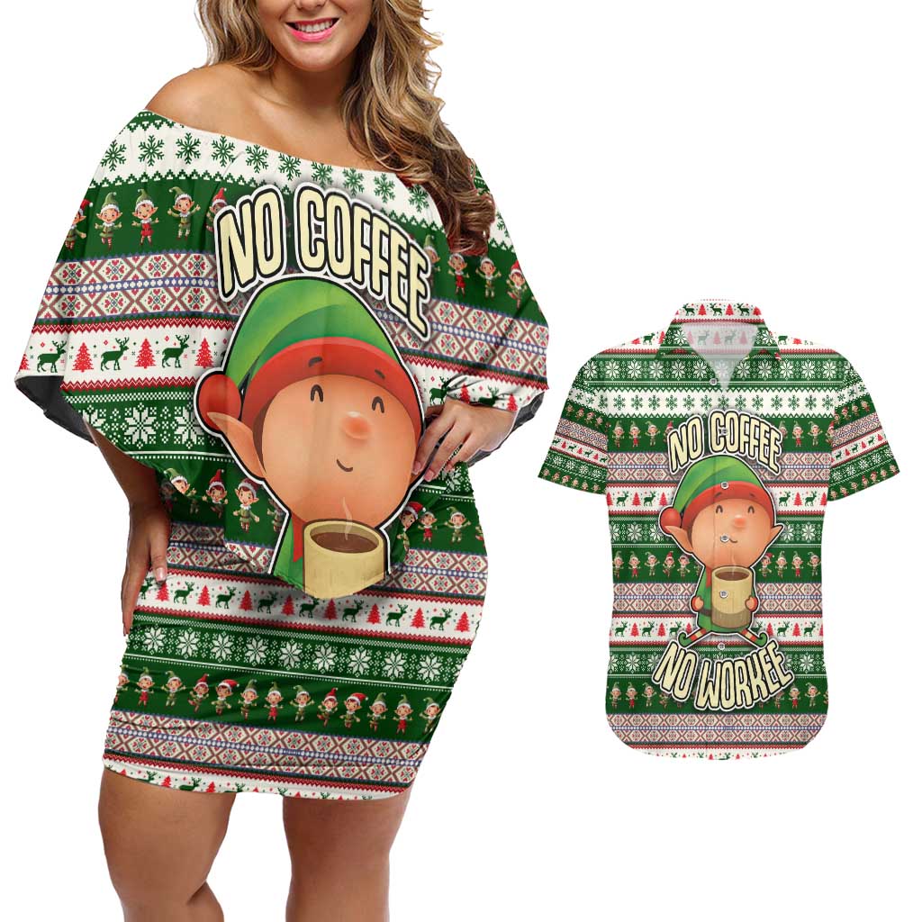 No Coffee No Workee Christmas Design Couples Matching Off Shoulder Short Dress and Hawaiian Shirt Xmas Holiday Patterns - Wonder Print Shop