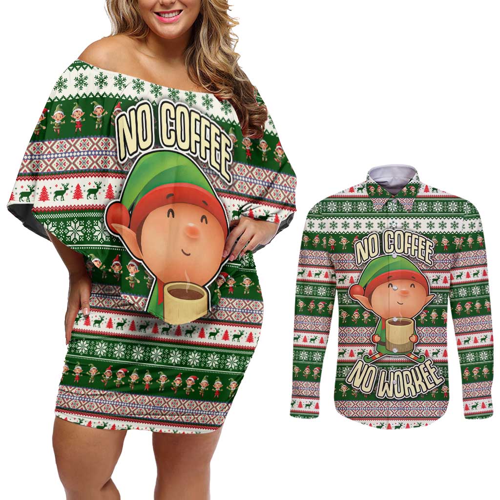 No Coffee No Workee Christmas Design Couples Matching Off Shoulder Short Dress and Long Sleeve Button Shirt Xmas Holiday Patterns - Wonder Print Shop