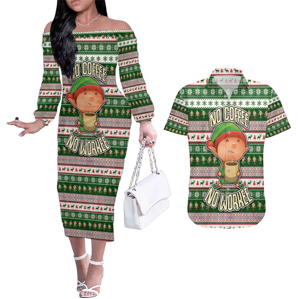 No Coffee No Workee Christmas Design Couples Matching Off The Shoulder Long Sleeve Dress and Hawaiian Shirt Xmas Holiday Patterns - Wonder Print Shop