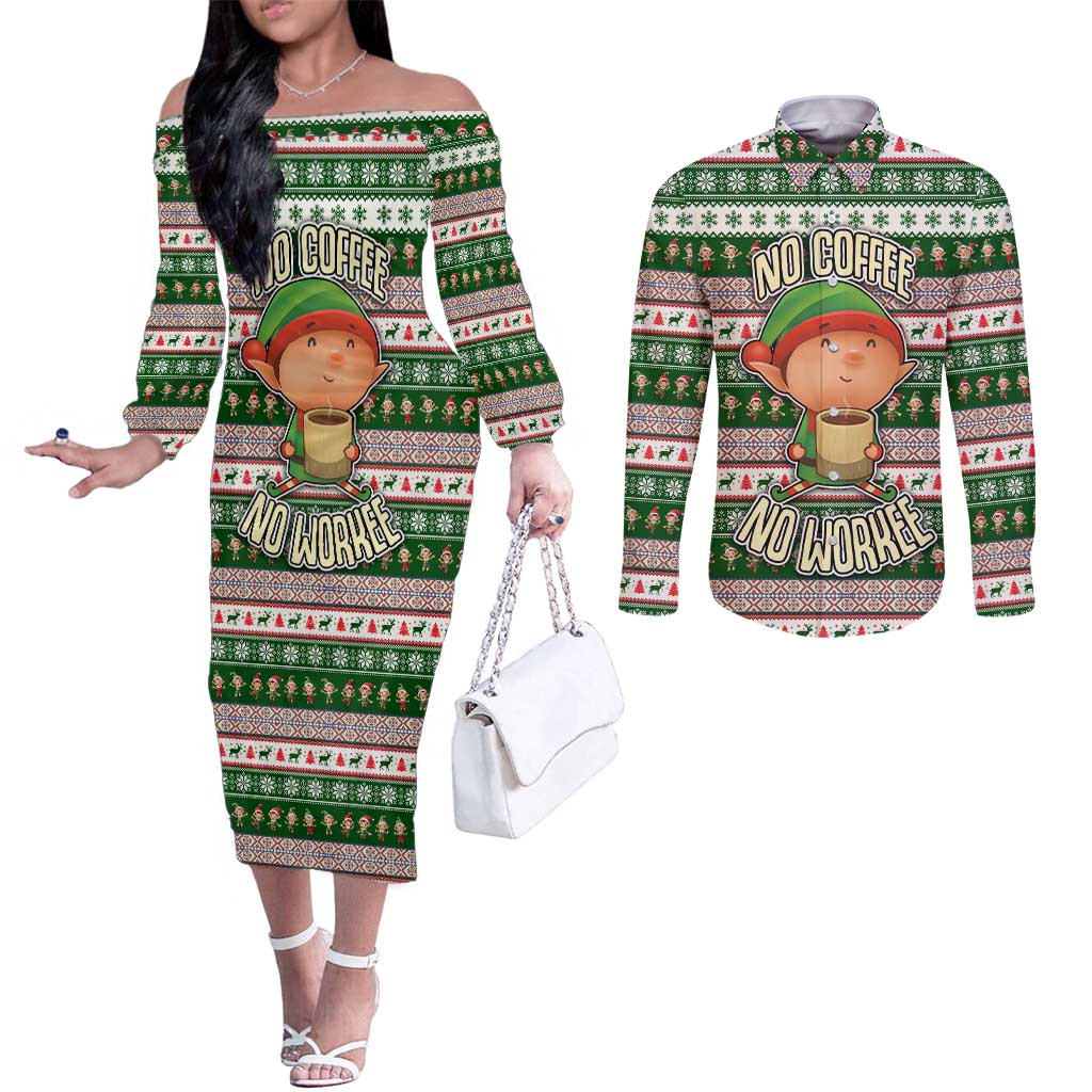 No Coffee No Workee Christmas Design Couples Matching Off The Shoulder Long Sleeve Dress and Long Sleeve Button Shirt Xmas Holiday Patterns - Wonder Print Shop