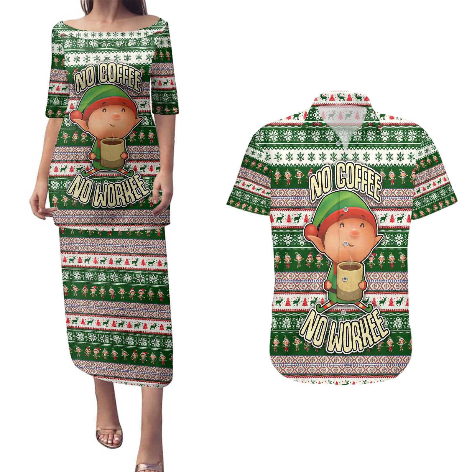 No Coffee No Workee Christmas Design Couples Matching Puletasi and Hawaiian Shirt Xmas Holiday Patterns - Wonder Print Shop