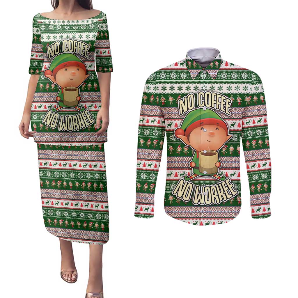 No Coffee No Workee Christmas Design Couples Matching Puletasi and Long Sleeve Button Shirt Xmas Holiday Patterns - Wonder Print Shop