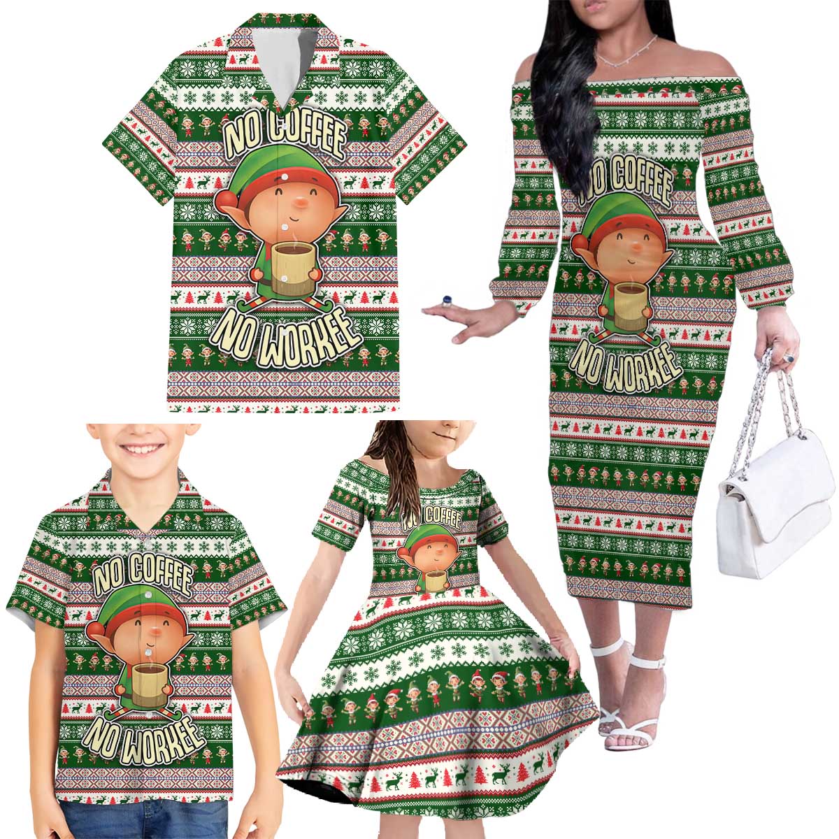 No Coffee No Workee Christmas Design Family Matching Off The Shoulder Long Sleeve Dress and Hawaiian Shirt Xmas Holiday Patterns - Wonder Print Shop