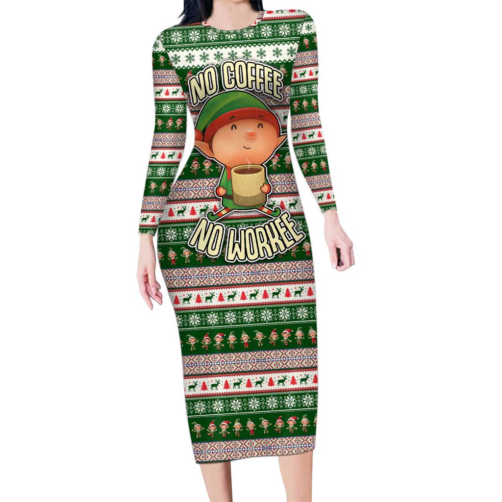 No Coffee No Workee Christmas Design Long Sleeve Bodycon Dress Xmas Holiday Patterns - Wonder Print Shop
