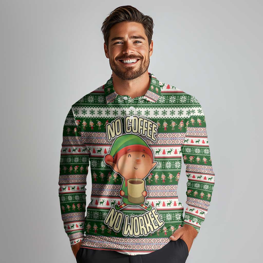 No Coffee No Workee Christmas Design Long Sleeve Polo Shirt Xmas Holiday Patterns - Wonder Print Shop